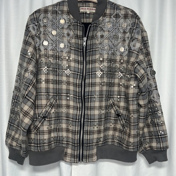 NWOT FP Free People Louie Grey Plaid Embellished Bomber Jacket - Picture 1 of 10